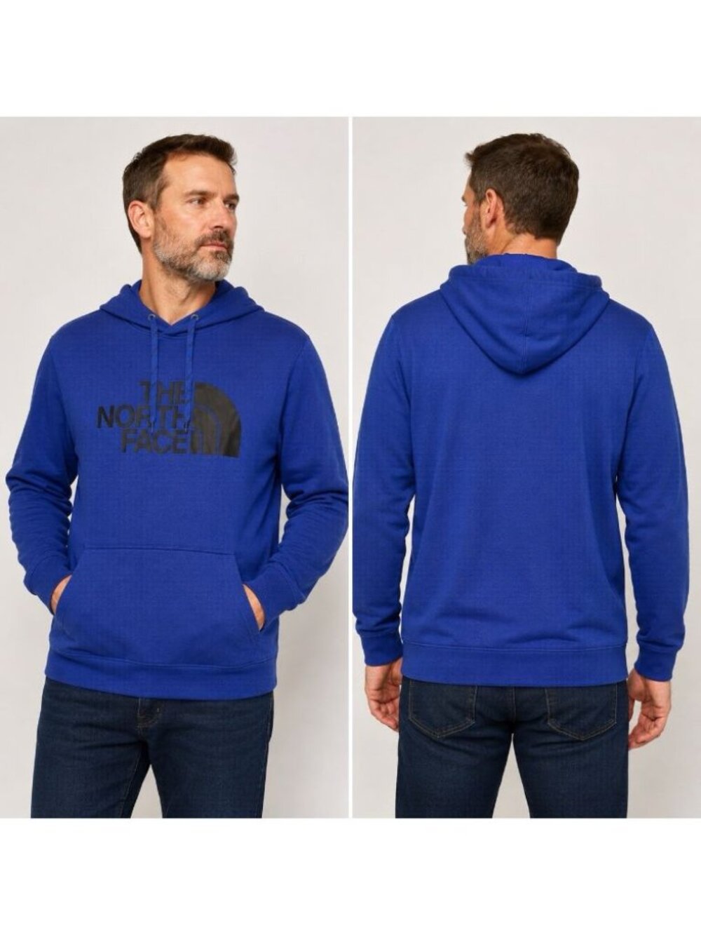 The North Face Men’s XXL Blue Pullover Hoodie Black Logo Kangaroo Pocket